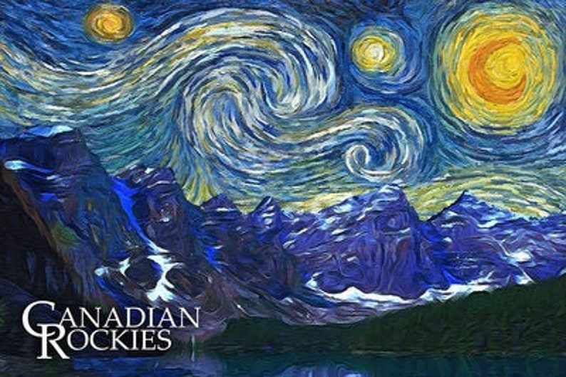 Lantern Press Canadian Rocky Mountains Starry Night Canada Rockies Scenic Van Gogh Exclusive Style Pen Pal Snail Mail Authentic Postcard NEW image 1