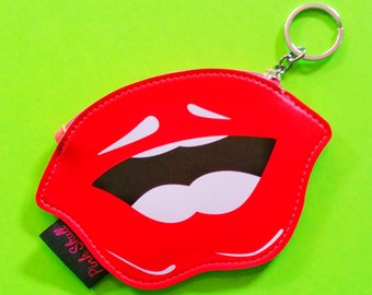 Blow a Kiss Big Red Lips Kiss Mouth Bright Red Anatomica Zippered Pouch Wallet Bonded Vinyl Coin Purse