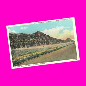 Carte postale du Wyoming, vintage des années 40, Church Buttes, comté d'Uinta, Lyman Granger Laramie, pittoresque vue sur la nature, États-Unis, époque du lin, cachet de la poste