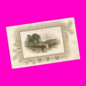 Vintage-Postkarte aus dem 20. Jahrhundert, frohes neues Jahr, Wünsche, Urlaubsgrüße, Tannenzapfen, Bauernhofszene, Korrespondenzkarte, geteilte Rückseite, Ära mit Poststempel