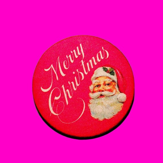 Merry Christmas Santa Claus Hallmark Cards Brand Fabric Season's Greetings Holiday Kitsch Retro Holiday Fun Vintage 1980s Pinback Button
