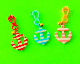 Striped Anchor 80s Repop Plastic Charms Colourful Charm Necklace Bracelet *NEW* Clip Bell Pendant Trinket Nostalgia Fun Red Pink or Blue
