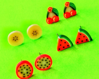 Cute Fruit Sweet and Yummy Food Snack Time Banana Cherries Watermelon Dragonfruit Orange Post Stud Earrings Set of Four Pairs - More Styles
