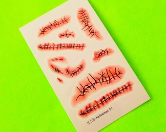 Gore and Horror Sutures Stitches Anatomical Amazements Bullet Wounds Bite Marks Bargain Halloween Fun Goth Temporary Tattoo - More Styles