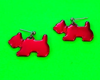 Scottie Dog Scottish Terrier Shaped Shimmery Glossy Red Dangle Retro Kitsch Stud Vintage 1980s Pierced Post Back Style Earrings