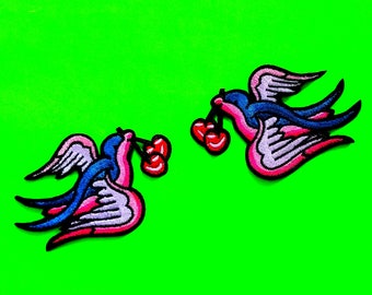 Soaring Swallow Pair Bird Rockabilly Swank Red Blue and Black Fully Embroidered Iron or Sew On Patch Set of Two - More Styles