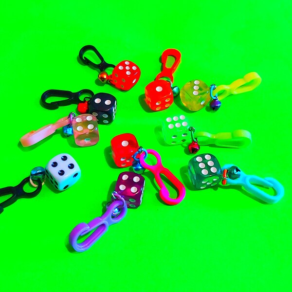 Lucky Dice 80s Repop Plastic Charms Bright Colourful Charm Necklace Bracelet *NEW* Clip Bell Pendant Trinket Nostalgia Rockabella Fun