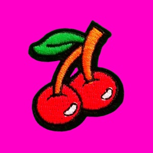 BACK IN STOCK Twin Cherries Cerise Fully Embroidered Cherry Red and Green Iron or Sew On Patch More Styles Orange Stem