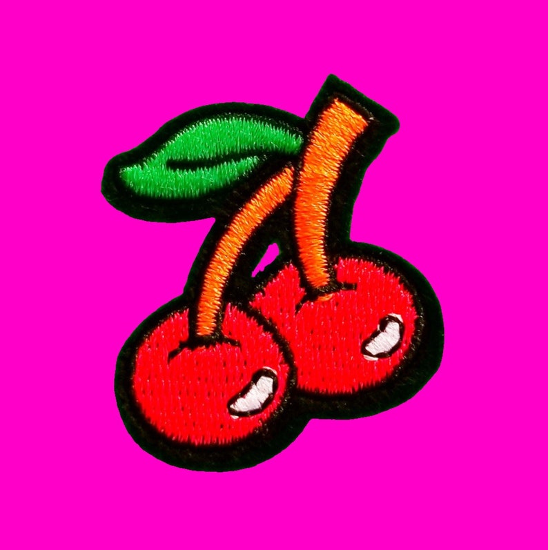 BACK IN STOCK Twin Cherries Cerise Fully Embroidered Cherry Red and Green Iron or Sew On Patch More Styles Orange Stem