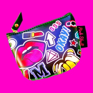 Emoji Mania Coin Purse Icon-ic Kitschy Fun Text Sass Hot Lips Hearts Love Wild Patterned Bonded Vinyl Zippered Pouch - More Colours