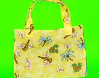 LAST ONE! Yellow Hawaiian Hibiscus Ukulele Printed Palm Tree Kitschy Fun Purse Handbag