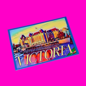 Victoria British Columbia Canada Colour Pops Series Empress Hotel Inner Downtown Harbour Fun Tourist Souvenir Authentic Pink Skull Postcard