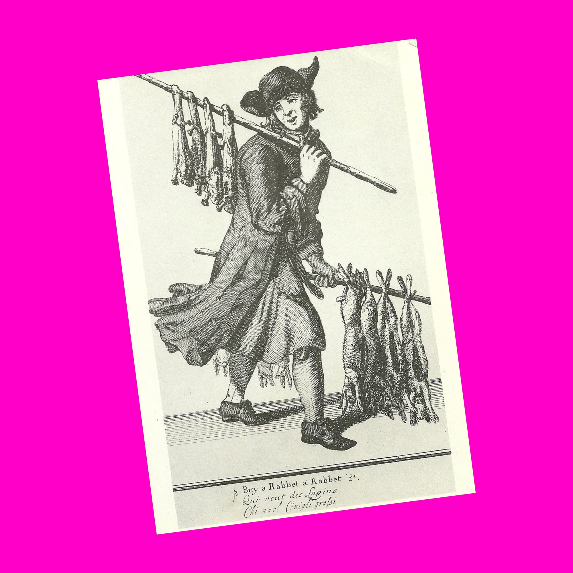 Vintage 1960s Postcard Buy a Rabbit Travelling Merchant Engraving
