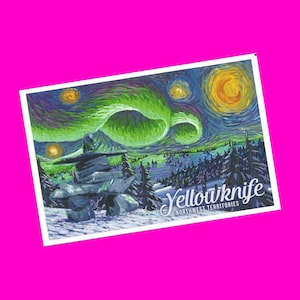 Lantern Press Yellowknife, Territoires du Nord-Ouest, Aurore boréale, nuit étoilée, Van Gogh, Canada, souvenir touristique exclusif, carte postale authentique authentique envoyée par la poste
