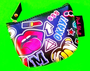 Emoji Mania Coin Purse Icon-ic Kitschy Fun Text Sass Hot Lips Hearts Love Wild Patterned Bonded Vinyl Zippered Pouch - More Colours