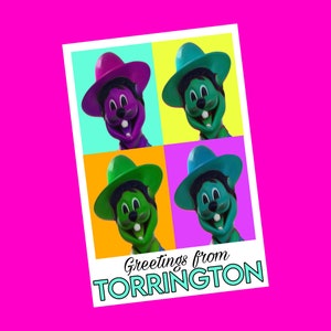 Torrington, Alberta, Canada, célèbre musée Gopher Hole, statue de Clem, souvenir touristique, carte postale postal authentique, crâne rose