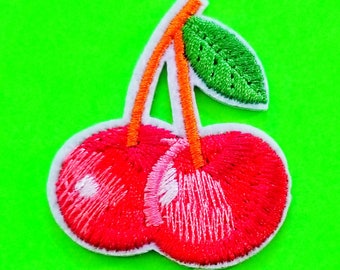 BACK IN STOCK! Twin Cherries Cerise Fully Embroidered Cherry Red and Green Iron or Sew On Patch - More Styles