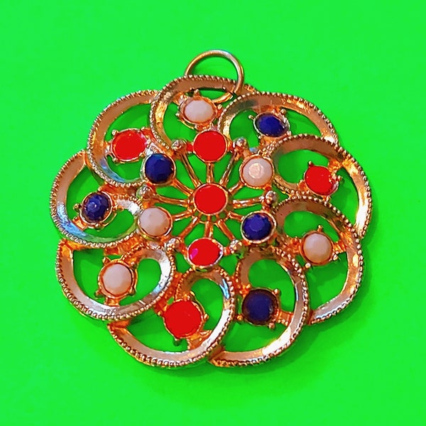 1 DOLLAR CLEARANCE - Glitzy Flower Modern Bejeweled Gold Tone Red White Gems Statement Stunner Mod Girl Retro Kitsch Vintage 1970s Pendant