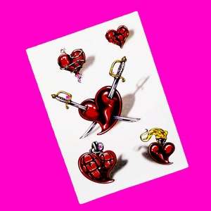 Heart Mix Barbed Wire Grenade Swords Flaming Vessel Traditional Flash Rockabella Bright Red Full Color Large Multi Sheet Temporary Tattoo
