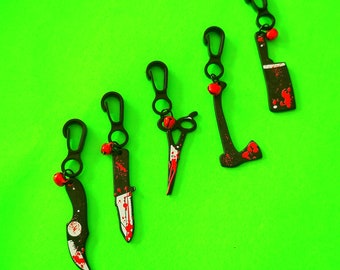 Choose Your Weapon 80s Repop Plastic Charms Cleaver Axe Knife Charm Necklace Bracelet *NEW* Clip Bell Pendant Trinket Nostalgia Halloween