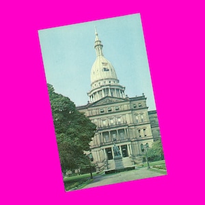 Carte postale vintage des années 1960 du Michigan, Lansing State Capitol Building, architecture gouvernementale, statue de Blair, photochrome, époque non utilisée