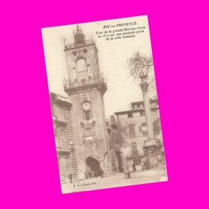 Aix en Provence, tour de l'horloge, hôtel de ville, porte de la ville de Comtale, épicerie, village, carte postale vintage, sépia, dos divisé (poste non utilisée)