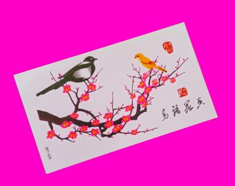 Birds and Cherry Blossoms Classic Contemporary Sweet Songbird on a Branch Adorable Multi Sheet Colour Temporary Tattoo