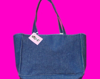 LAST ONE! Blue Fun Fur Lined Large Denim Stampede Vibes Fun Office Bag Sturdy Reversible Classic Purse Tote