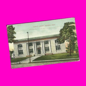 Carte postale vintage des années 1910 du Michigan, Jackson Public Library, architecture du bâtiment, vue panoramique, dos divisé, époque écrite mais non affichée