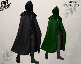 Cape viking médiévale avec capuche, cape de sorcier vampire Renaissance pour adultes, cape cape noire hobbit Ren Faire, cape cosplay unisexe.