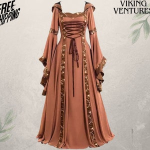 Medieval Viking Celtic Dress, Renaissance Fantasy Long Sleeve Wedding Dress, Cottagecore Retro Cosplay Dress For Ren Faire, Witch Dress.