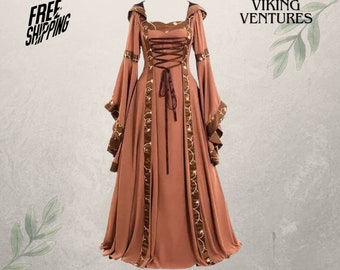 Robe celtique viking médiévale, robe de mariée à manches longues fantaisie Renaissance, robe cosplay rétro cottagecore pour la foire de Ren, robe de sorcière.