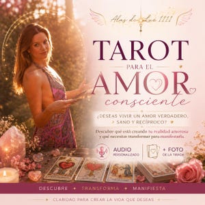 May include: A promotional graphic for a tarot reading service titled "Alas de Luz 1111" and "TAROT PARA EL AMOR consciente". It features a person, tarot cards, crystals, and a candle, with text detailing personalized audio and photo readings.