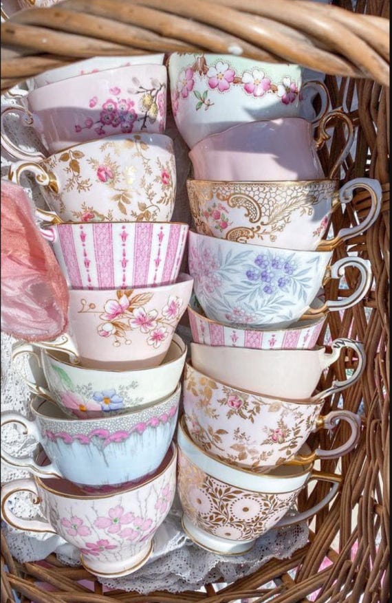 Vintage Tea Cup Set • Mismatched Floral China, Tea & Stickers