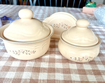 Vintage Pfaltzgraff Remembrance Canister Set w/ Lids + Matching Napkin Holder •  1980s Stoneware • Floral Cottage Kitchen Decor