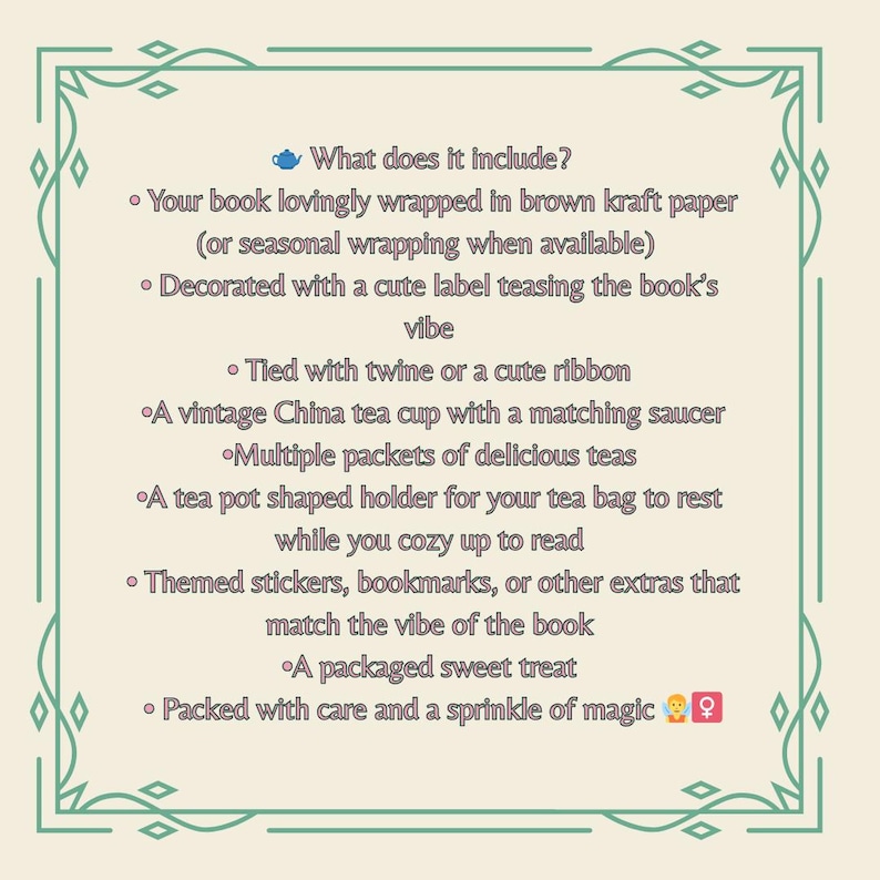 May include: A list of items included in a package, with text that reads "What does it include?" The items include a book wrapped in brown kraft paper, a vintage China teacup, tea, and themed extras.