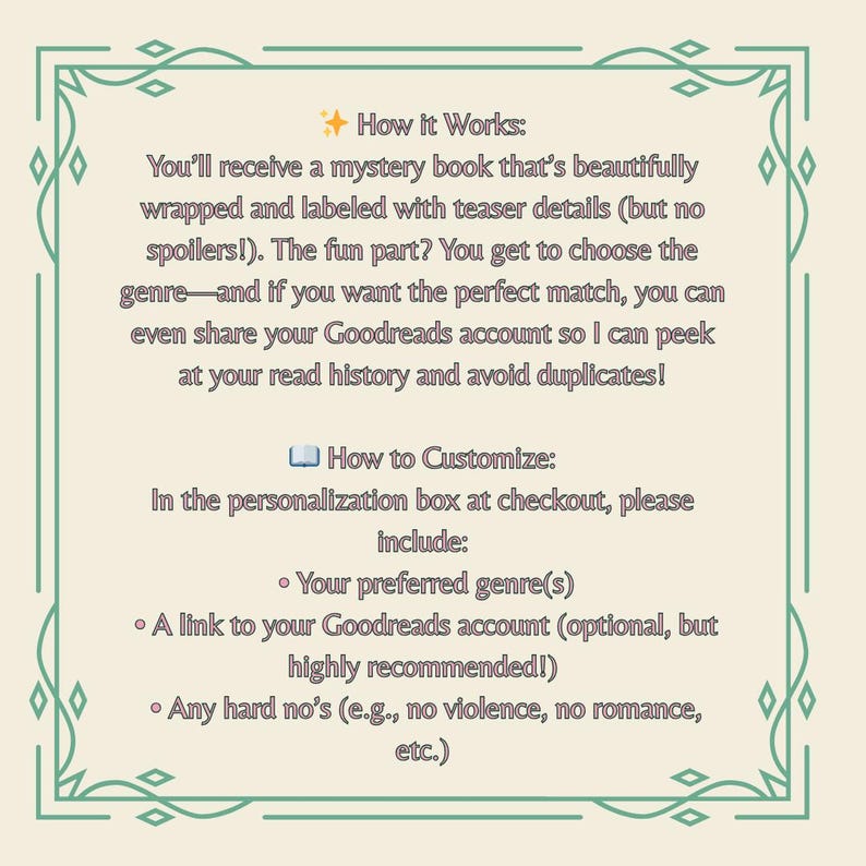 May include: A cream-colored graphic with green decorative borders and text. The text describes how to order a mystery book, including choosing a genre and providing a Goodreads account link for personalization.
