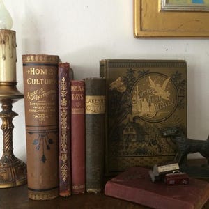 Könnte beinhalten: Eine Sammlung von antiken Büchern mit goldenen Schriftzügen auf braunen Rücken. Die Titel lauten "Home Culture", "Dream Days", "Lakeside Cottage" und "Mother Home Heaven".