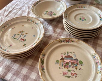 Vintage International Heartland Country Stoneware Dinnerware Set • Plates, Bowls and Saucers • Mixed Village or Farm Scenes