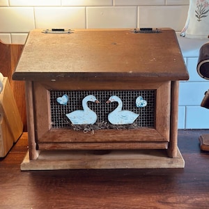 Vintage Wooden Bread Box with Carved Geese and Hearts • Large Cottage Kitchen Storage • GrandmaCore Farmhouse Decor