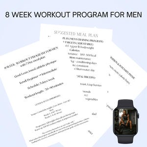May include: A fitness-themed image featuring workout plans and a smartwatch. The text reads "8 WEEK WORKOUT PROGRAM FOR MEN" and includes details about the program's goals, level, and schedule. The smartwatch displays a person working out.