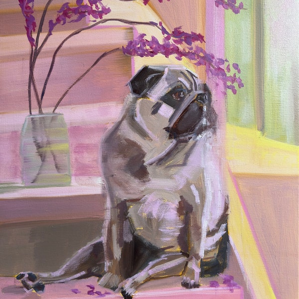 original oil painting "Anytime She Goes Away" pug dog redbud branches spring 24x18 vertical impressionist pink green yellow