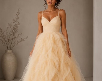 Champagne Formal Dress (One Size UK 16 In Stock- REDUCED) Layered Tulle Quinceanera Gown, Sweetheart Prom Dress, Ruffle Evening Gown