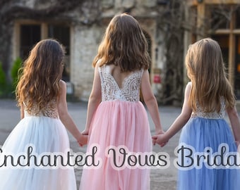 Boho Lace Flower Girl Dress, Tulle V Back Bridesmaid Dress, Holy Communion Gown