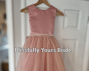 Princess, Satin Flower Girl Dress -Dusky Pink - Bridesmaid Dress - Wedding - Party Dress