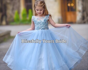 Blue Beaded, Princess Flower Girl Dress (Age 8yrs and 9yrs in Stock) - Bridesmaid Dress - Wedding