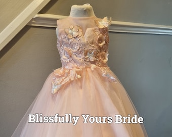Peach Butterfly Dress with Train- Flower Girl Dress, Bridesmaid Dress - Wedding, Birthday Dress