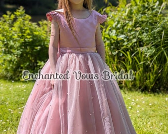Pink Pearl Flower Girl Dress, Tulle Party Dress, Pageant Gown