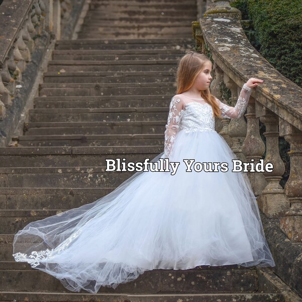 Princess Flower Girl Dress With Train- White (Few Sizes In Stock)) - Bridesmaid Dress - Wedding, Bridesmaid, Communion Dress