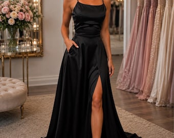 Black Satin Formal Dress with Pockets, Backless Evening Gown, Lace Up Prom Dress, Bridesmaid Maxi Dress with Split